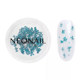 Dried turquoise flowers in a container beside a nail showcasing floral design for gel nail art.