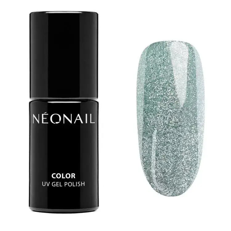 Snowstorm Glow UV gel polish bottle with shimmering green glitter swatch, perfect for stunning gel nails.