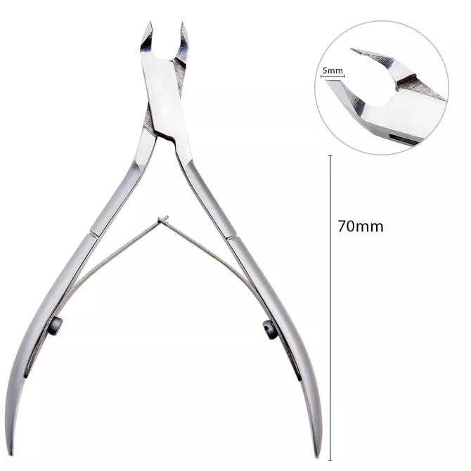 Professional stainless steel cuticle nipper with sharp 5mm blades, ideal for precise nail care and at-home manicure.