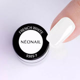 French White UV/LED gel polish by NeoNail in a jar, showcasing a glossy white gel nail.