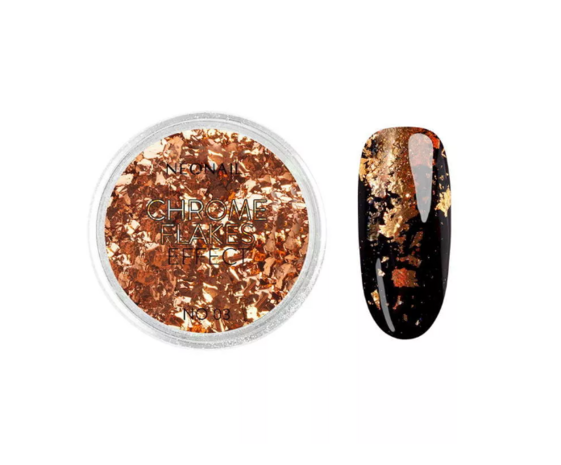 Chrome Flakes Effect No 03 with metallic flakes in copper beside a black nail, ideal for glamorous gel mani looks.
