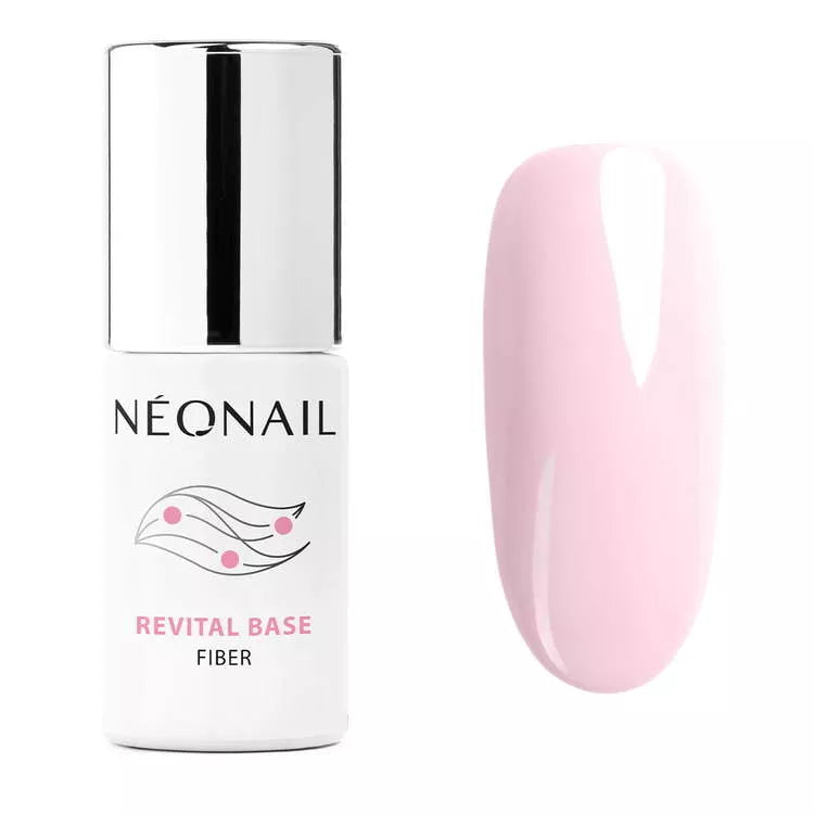 UV/LED Gel Nail Polish Revital Base Fiber in Rosy Blush with matching nail swatch for home nail care.