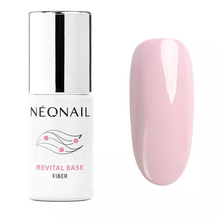 Néonail Revital Base Fiber 7.2ml UV/LED gel polish with a pink swatch, ideal for at-home nail care and manicures.