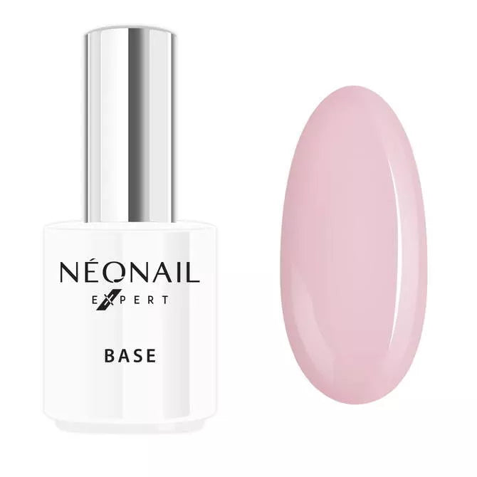 NÉONAIL Expert Revital Base Fiber 15ml bottle and light pink gel swatch for professional nail care.