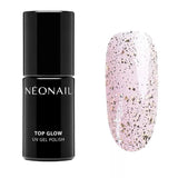 Top Glow Gold Flakes UV gel polish by NEONAIL with a sparkling gold foil finish on a nail swatch.