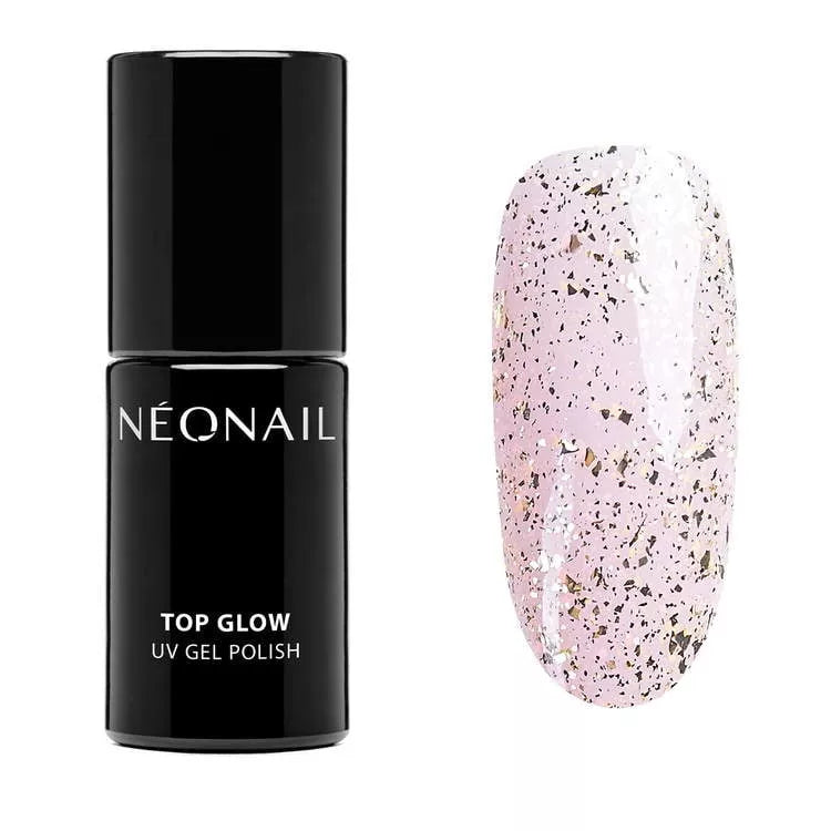 Top Glow Gold Flakes UV gel polish by NEONAIL with a sparkling gold foil finish on a nail swatch.