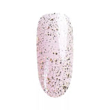 Gold UV/LED Top Glow Flakes Gel Polish on a nail tip, showcasing shiny gold flakes for stunning gel nails.