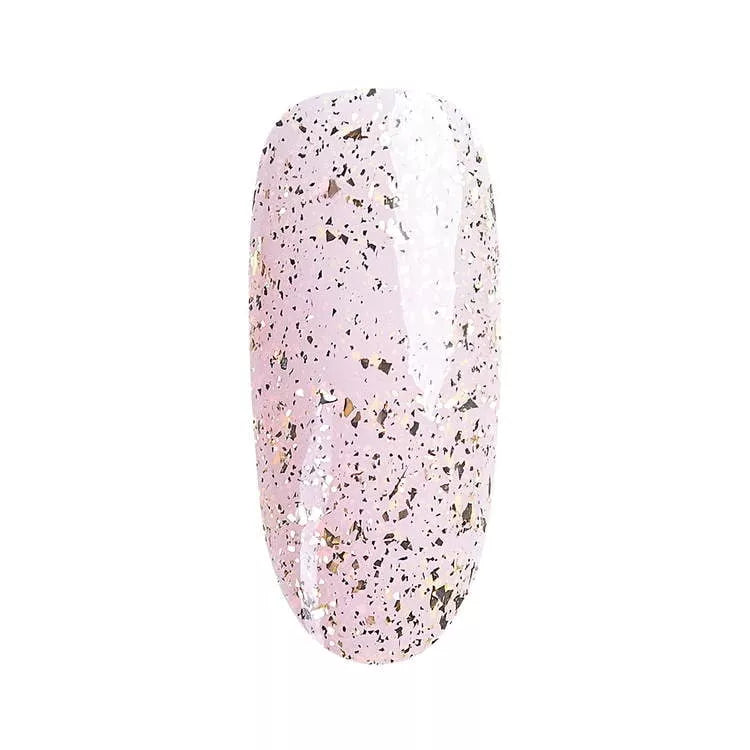 Gold UV/LED Top Glow Flakes Gel Polish on a nail tip, showcasing shiny gold flakes for stunning gel nails.