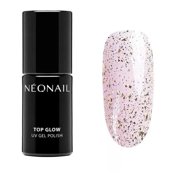 Top Glow Gold Flakes UV gel polish by NEONAIL with a sparkling gold foil finish on a nail swatch.