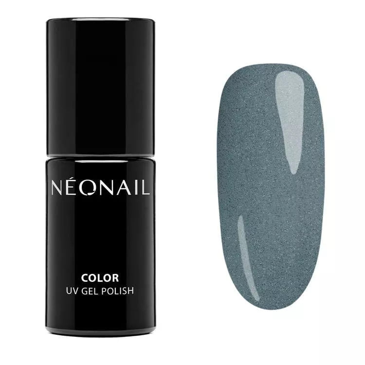 NEONAIL UV gel polish bottle with a swatch of deep green gel polish showcasing shimmer finish.