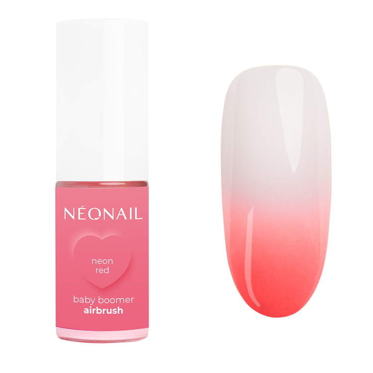 Neon Red BabyBoomer Airbrush 5g bottle next to ombre nail design, perfect for UV gel nail polish styles.
