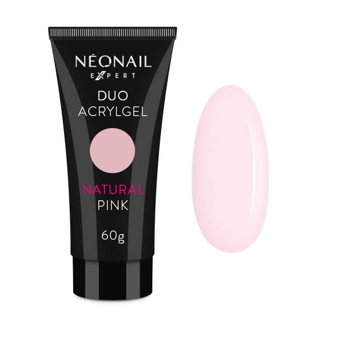 Natural Pink Expert Duo Acrylgel 60g tube with smooth pink nail swatch, ideal for UV gel nail applications.