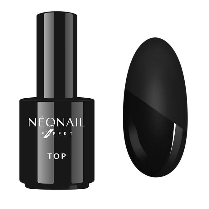 NeoNail Expert Hard Top UV/LED Gel Polish 15ml bottle with glossy black finish and gel nail swatch.