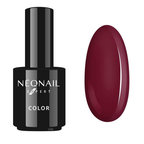 Neonail Expert UV Gel Polish bottle in black with dark burgundy nail swatch, ideal for vibrant 21-day wear.