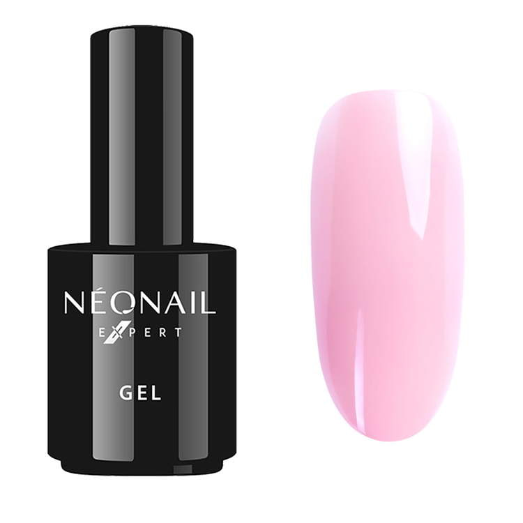 Ballerina Pink expert gel bottle next to light pink gel nail swatch for expert uv gel polish application.