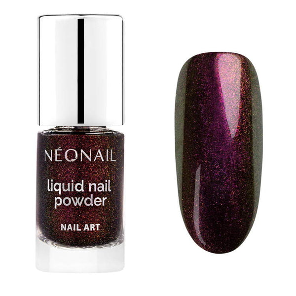 Chameleon Liquid Nail Powder 02 in bottle and applied on nail, perfect for UV gel nail polish and home nail kits.