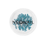 Turquoise dried flowers for nail art in a round container, perfect for creating stunning gel nails and manicures.