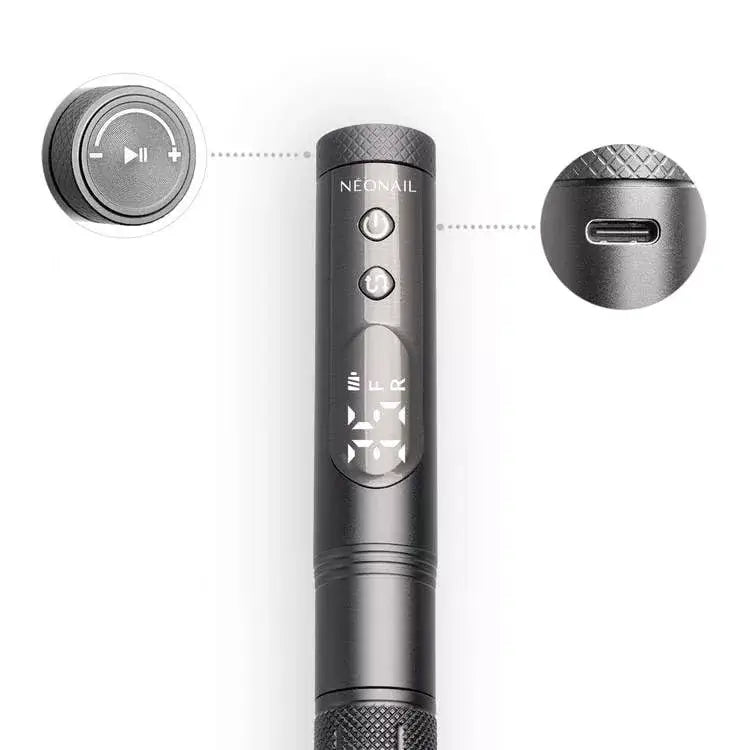 Close-up of the PEN Nail Drill in graphite color, showcasing buttons and USB port for charging.