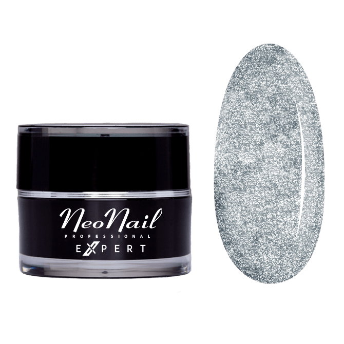 Metallic Silver UV/LED Expert Gel 5ml with sparkling nail swatch, perfect for professional nail art.