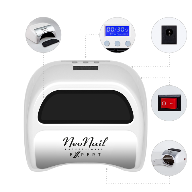 NeoNail Expert UV/LED lamp 26W with motion sensor and LCD display for gel nails in a beauty salon setting.